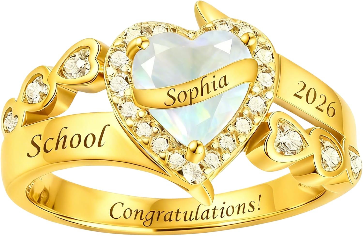 Heart Cubic Zirconia Class Ring for Women Engraving Available High School Rings Class of 2026 Sterling Silver Personalized Graduation Jewelry Gift for Her