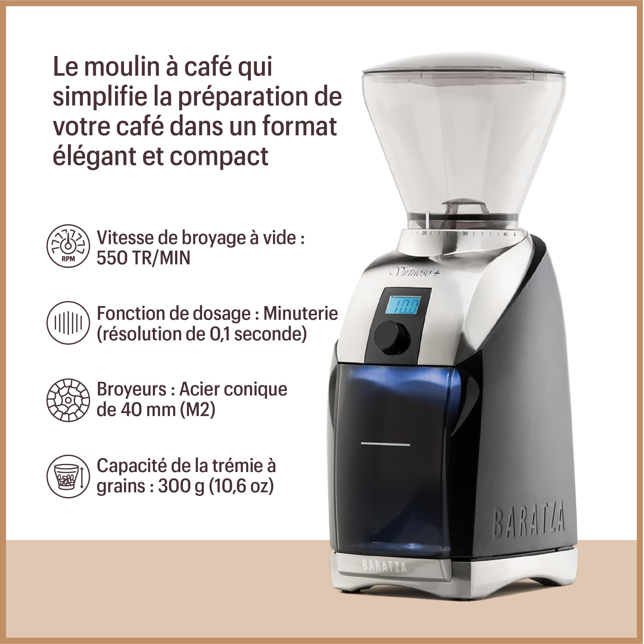 Baratza - Virtuoso+ 230V Coffee Grinder - Moulin à café électrique avec Fraise Conique en Acier, Timer et Lumière Intégrée - Espresso, 300g Capacité de la Trémie - Noir