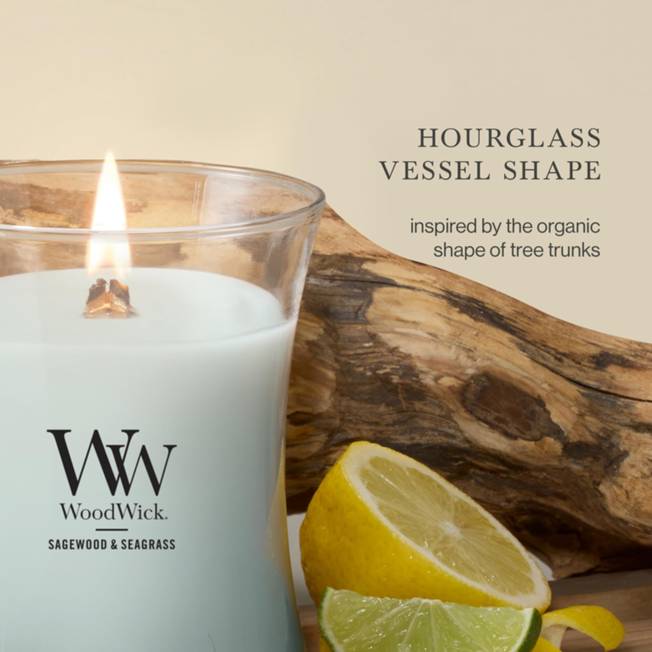 WoodWick Candela a clessidra media, Sagewood e Seagrass, 10 once.