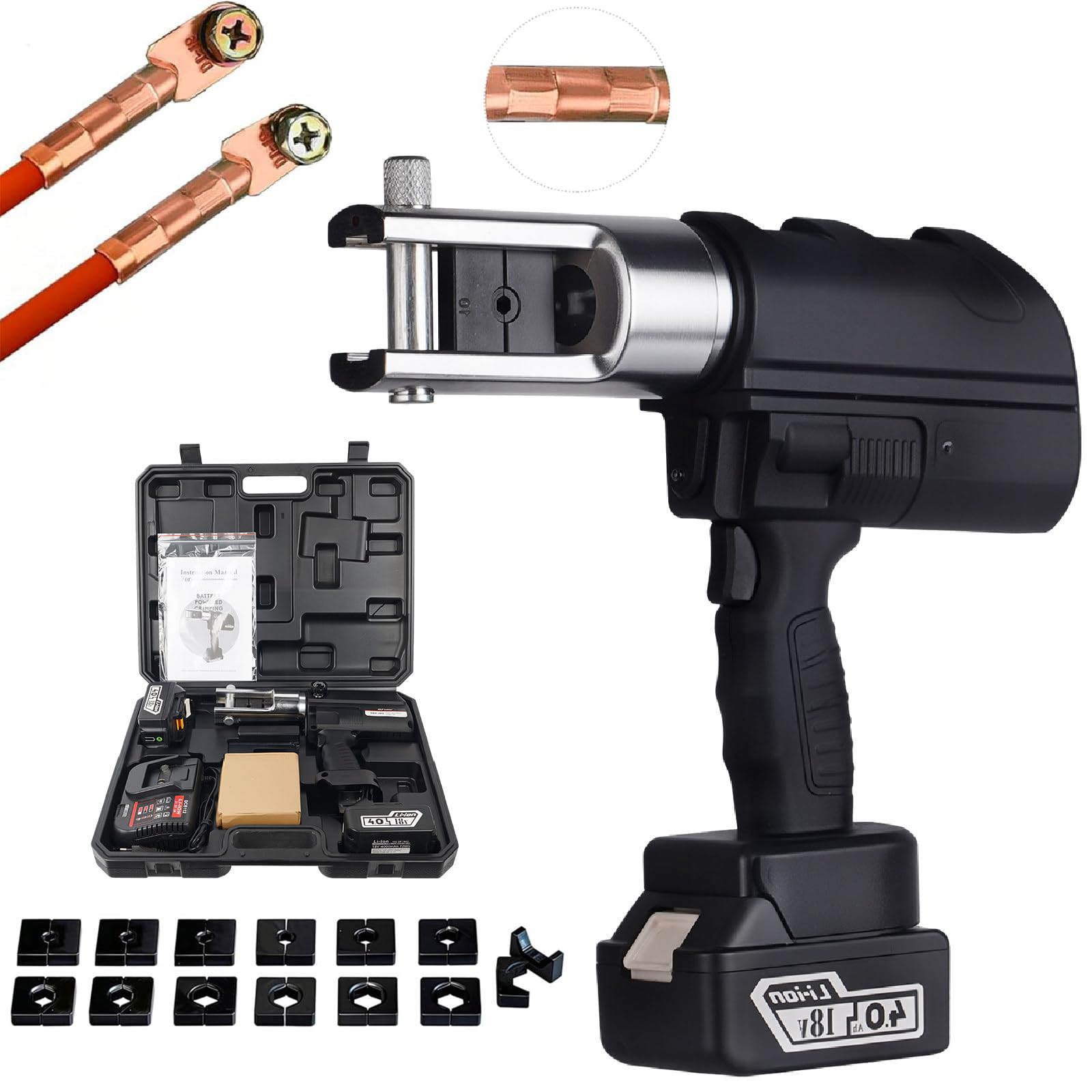SENJINGHUA Electric Hydraulic Crimping Tool with 2 Rechargeable Cell, 6 Ton 6 AWG-500/600 MCM Rechargeable Hydraulic Crimper for Cu/Al Terminal, Wire Cable Lug Crimping Tool Kit,300mm