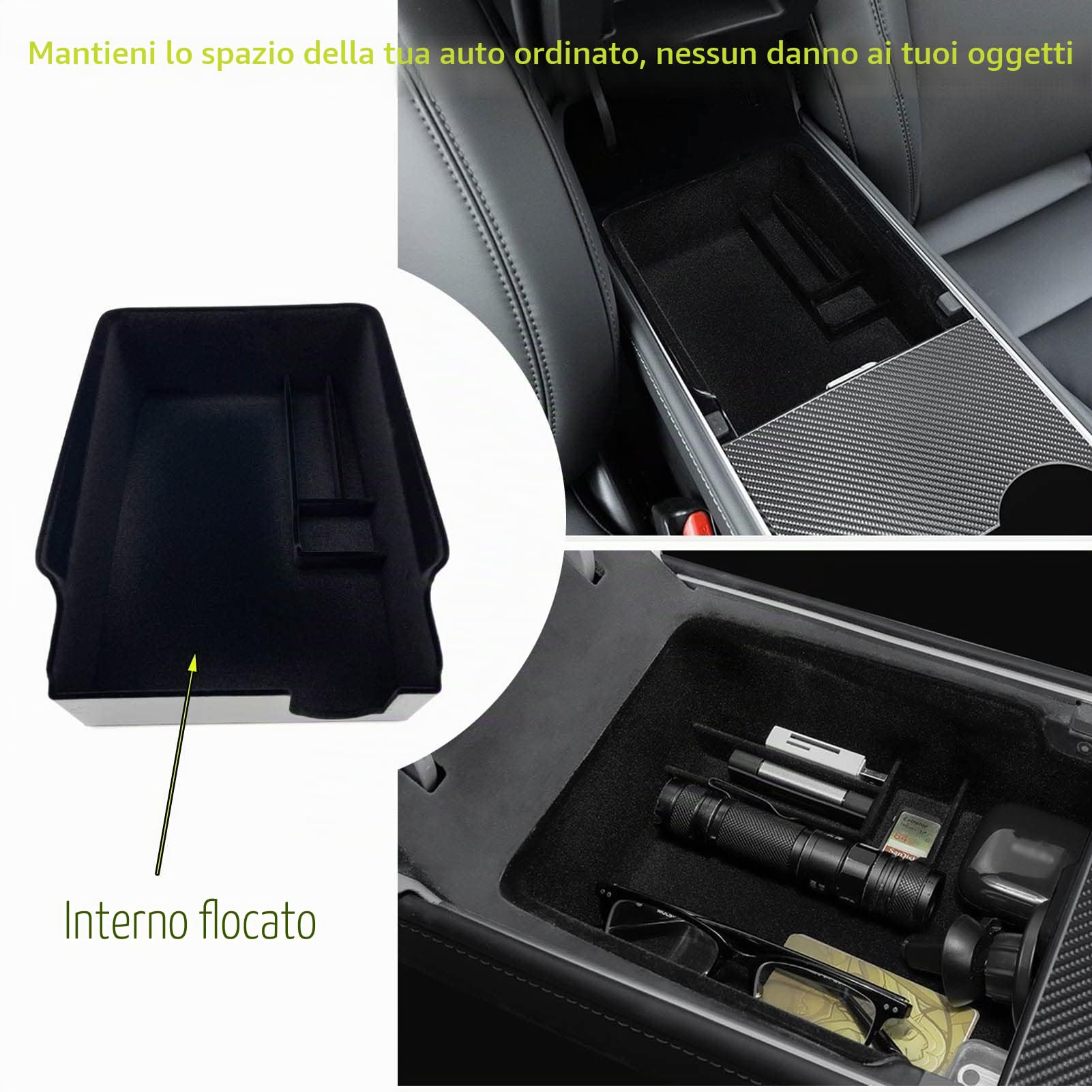 [3 pezzi]Vassoio Organizer Console Centrale Scatola di Immagazzinaggio Floccata per Accessori Tesla Model 3 Y 2023 2022 2021, Bracciolo Cassetto Cubby Nascosto per Contanti, Vetro, Monete, Telefono