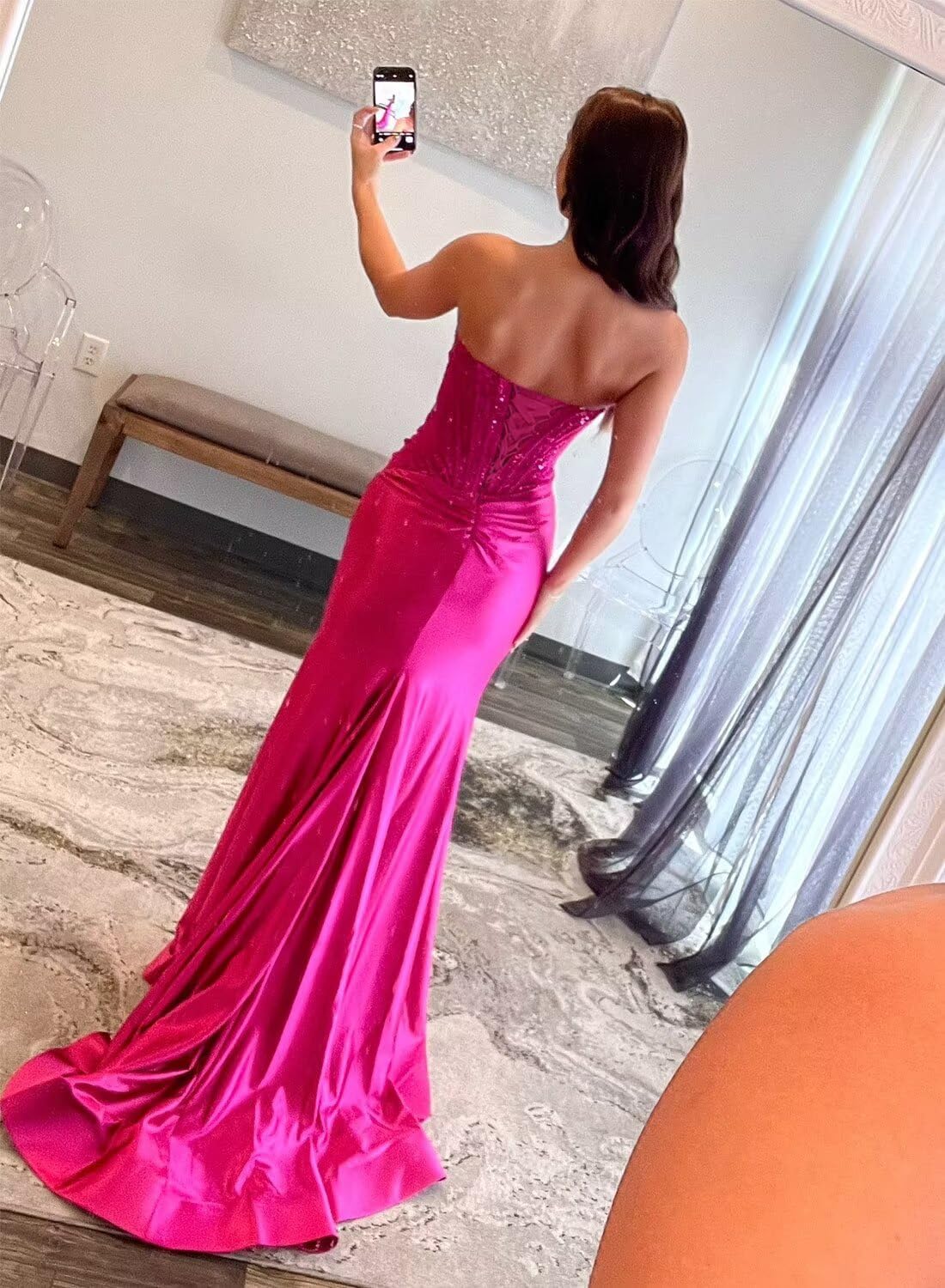 Women’s Strapless Sequin Satin Prom Dresses 2026 Corset Mermaid Formal Evening Gowns with Slit