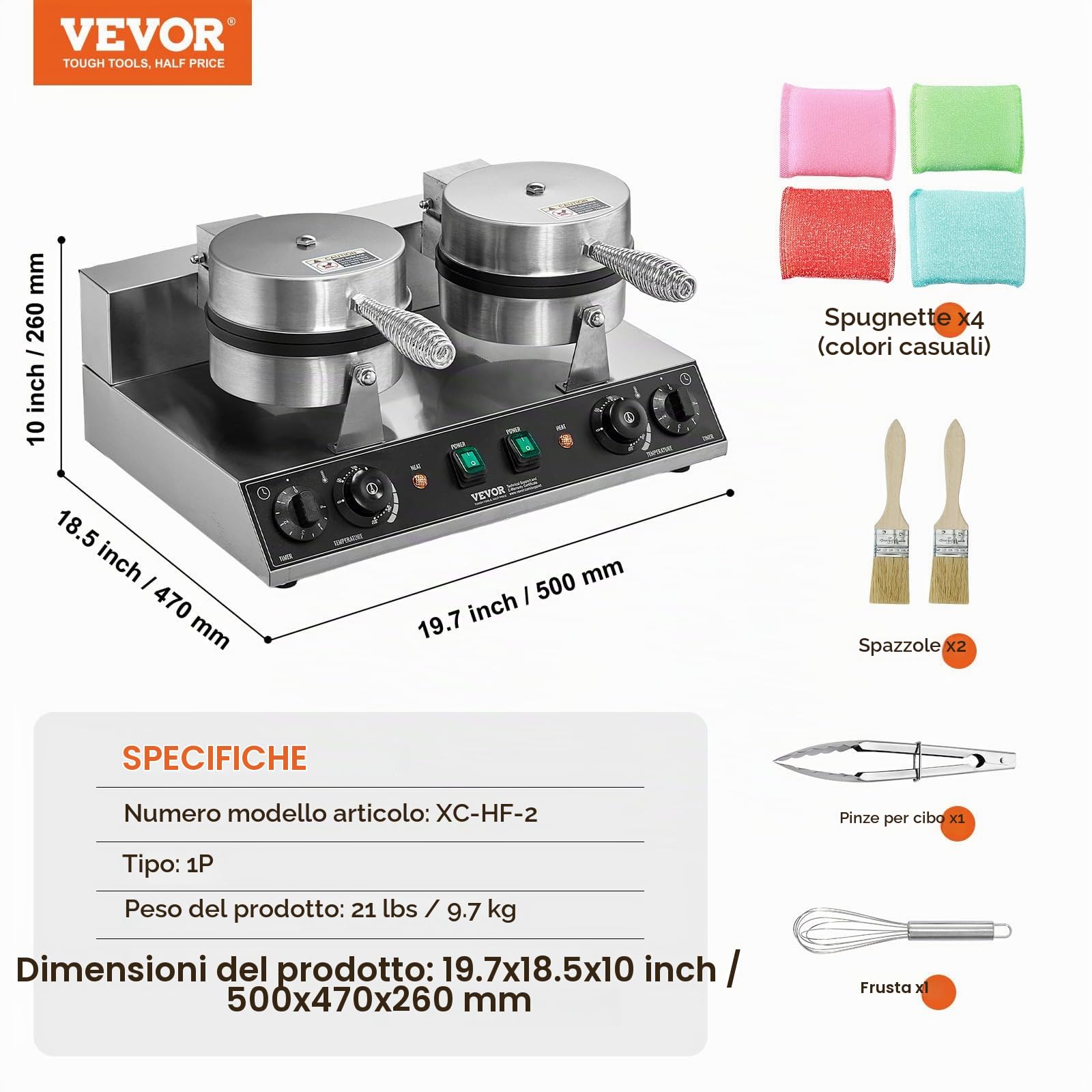 VEVOR Macchina per Waffle Commerciale Rotonda a Doppia Testa, Piastra Waffle Belga in Acciaio Inox Antiaderente 2460 W con Controllo Temperatura Tempo e Maniglia, per Ristoranti Panetterie, Snack Bar