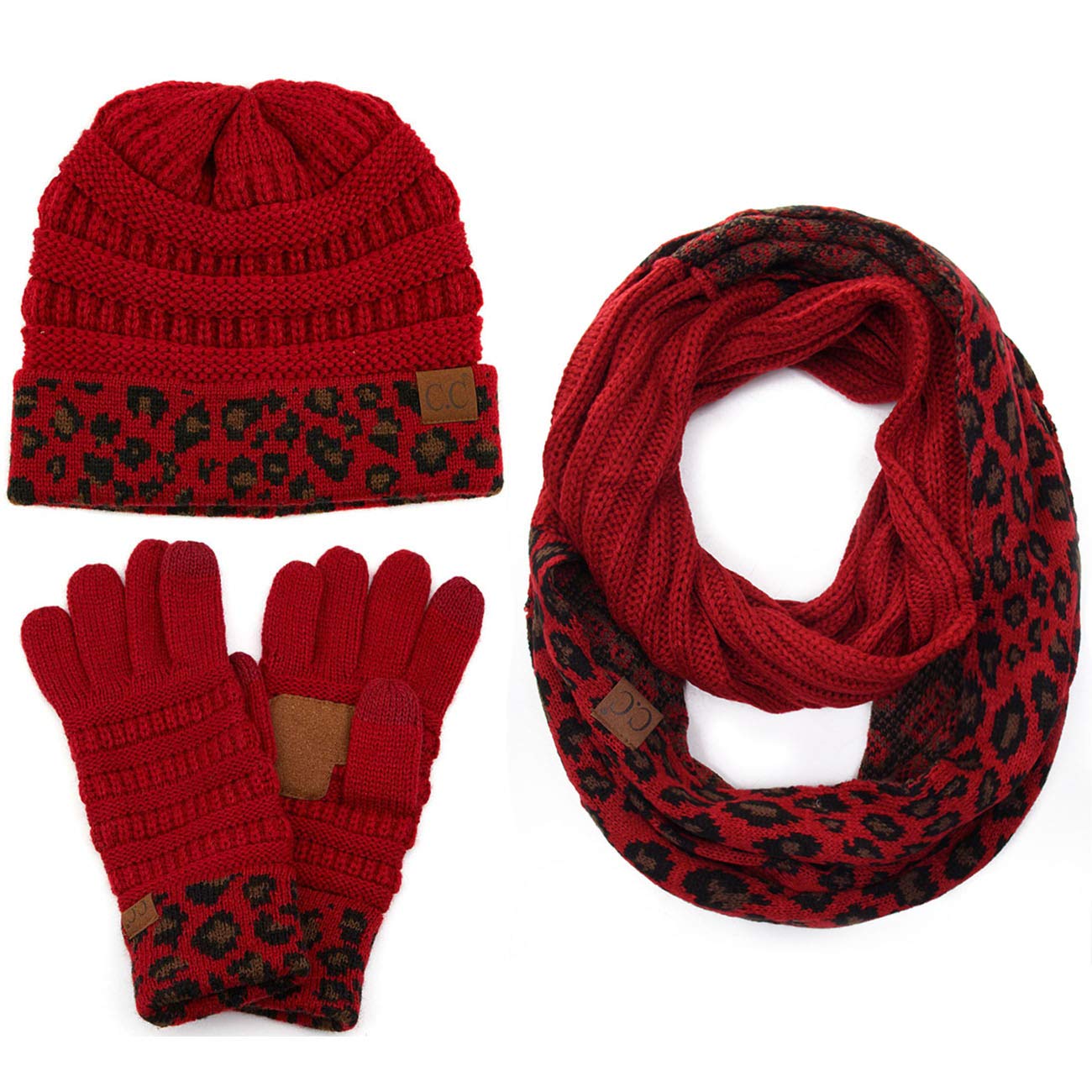 ScarvesMe 3pc Set Trendy Warm Chunky Soft Stretch Cable Knit Beanie Scarves Gloves Set (Red Leopard)