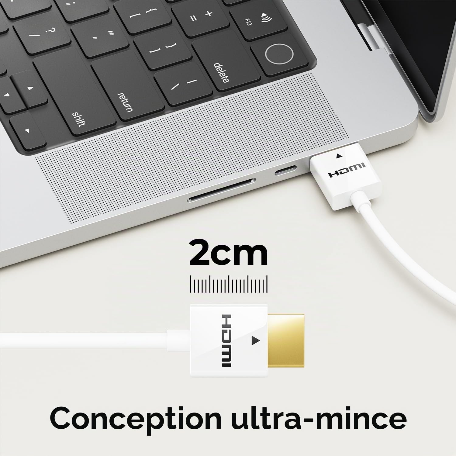 deleyCON 2m 4K HDMI 2.0 Câble Slim (Petit et Flexible Câble HDMI) - 1080P 2160P UHD ARC HDR 3D pour TV, Moniteur, Projecteur, Laptop, Notebook, PC, Ordinateur, PS4, PS5, XBOX - Blanc