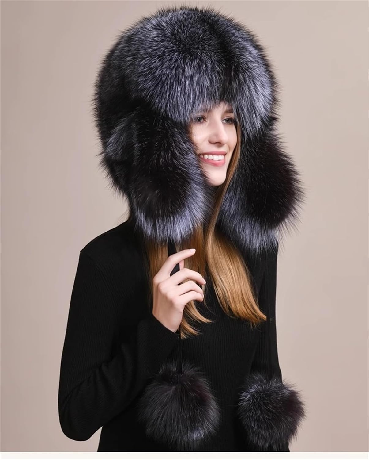 Hats- Winter Warmth Real Fox Fur Lei Feng Hat for Women Big Fluffy Raccoon Fur Ear Protector Trapper Hat