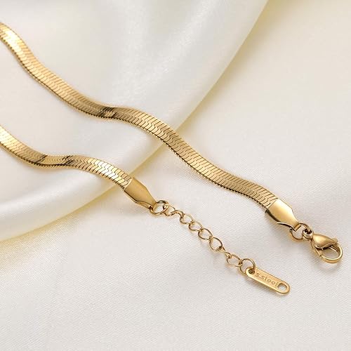Miniatura 4 de Collar de espiga para mujer, chapado en oro de 14 quilates, cadena de serpiente plana de 0.157 in, gargantilla de cadena de hueso de serpiente,