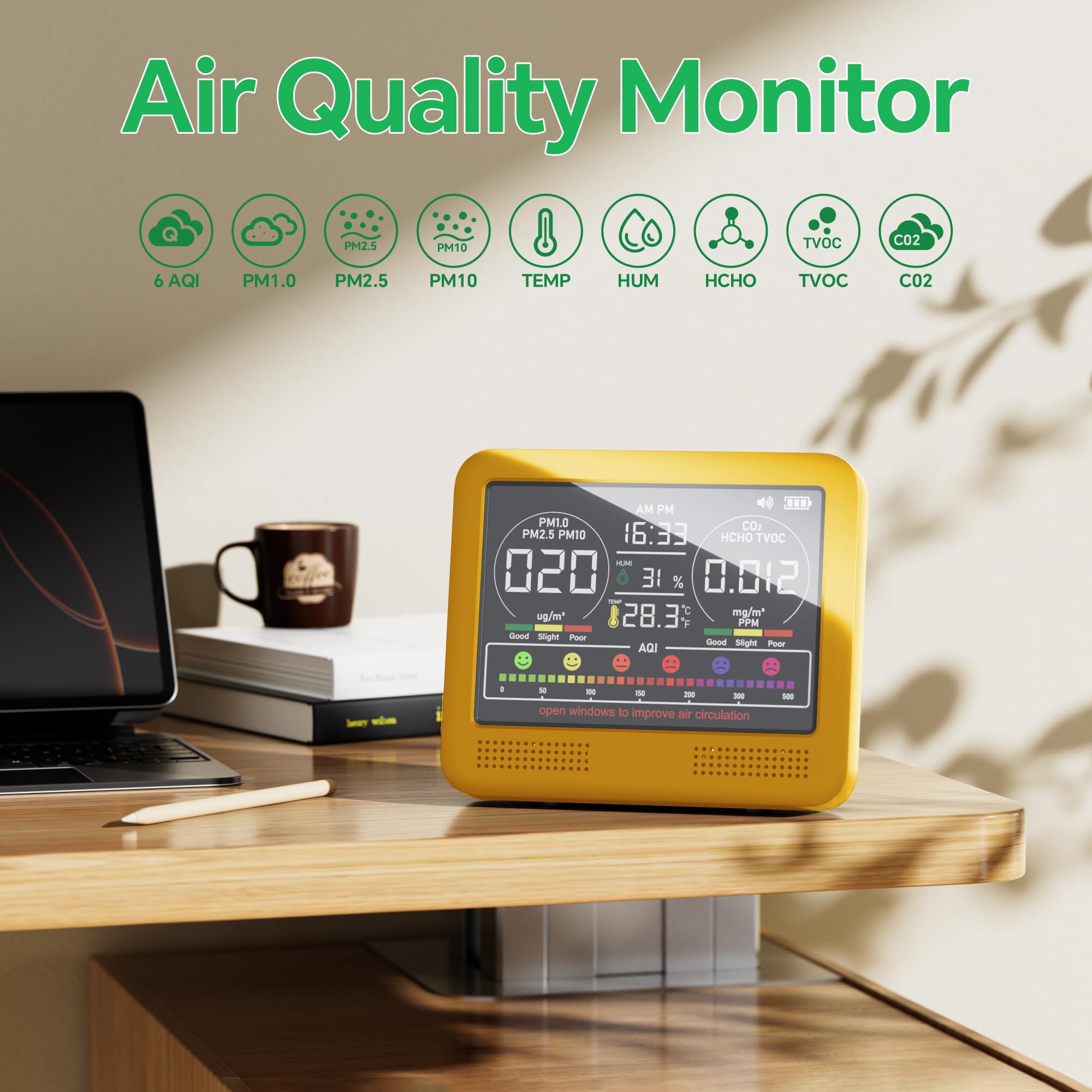 Monitor de calidad del aire interior 16 en 1 con PM1.0, PM2.5, PM10, CO2, HCHO, TVOC, temperatura, humedad, visualización de hora y 7 alarmas AQI, probador profesional de calidad del aire para