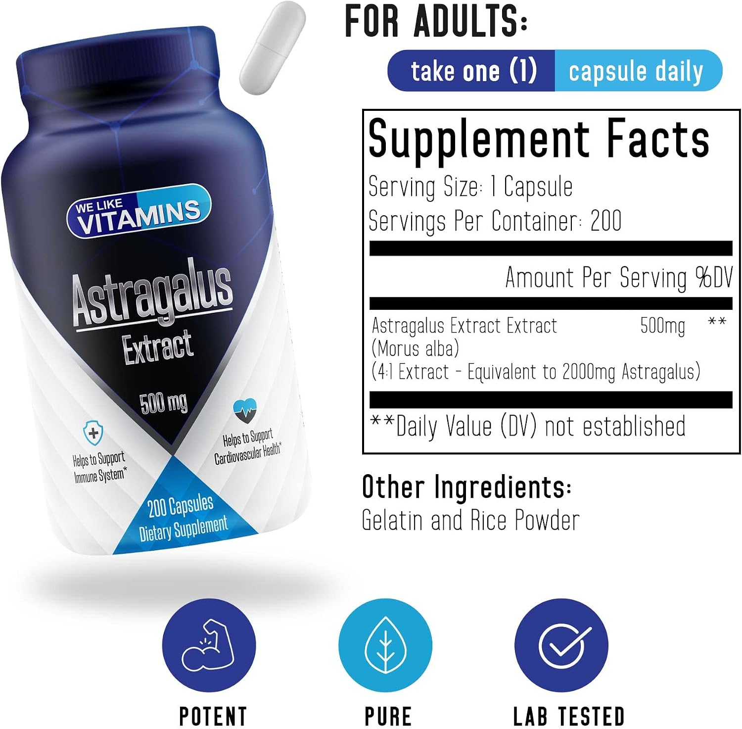 Astragalus Extract 500mg - 2000mg Equivalent 4:1 Extract – 200 Capsules – Astragalus Supplement – Helps Support Strong Immune Function and Cardiovascular System Astragalus Root Extract
