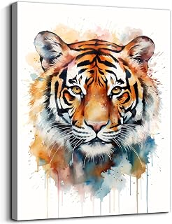 Loomarte Tiger Canvas Wall Art Watercolor Animal Photo Pictures Abstract Wildlife Portrait Painting Colorful Tiger Head Poster for Living Room Bedroom Office Home Wall Decor Framed Artwork 12" x 16"