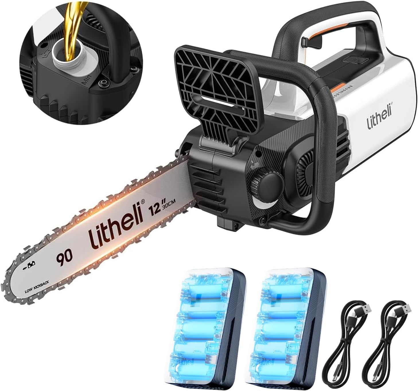 Litheli Battery Chainsaw Cordless, Hand Chainsaw with Brushless Motor, 12 In Saw Blade, 8 m/s Chain Speed, Automatic Lubrication System, Tool-free Adjustment, Incl. 2 Pcs 2.0 Ah Rechargeable Batteries