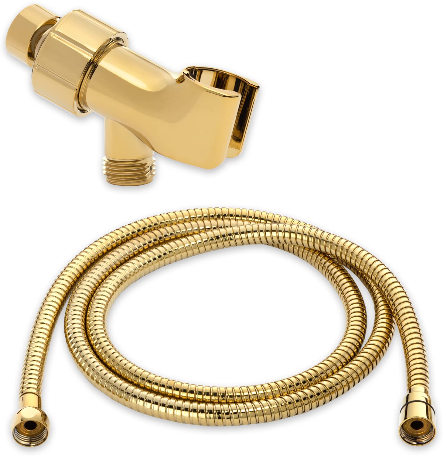 60 Inch Flexible Shower Hose Bundle - Extra Long, Stainless Steel, Double-Buckle Hose For Handheld Showerheads With Shower Arm Mount And Holder - Polished Brass