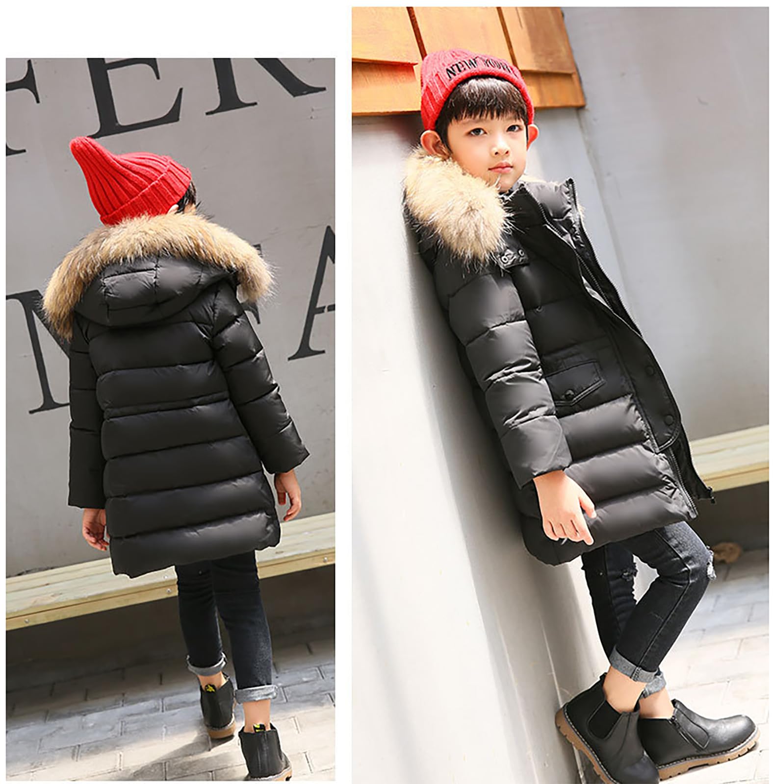 Cappotto per bambini e ragazze, parka, giacca a piumino, lunga e spessa, con cappuccio, pelliccia calda, invernale, per 2-13 anni