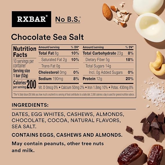 ألواح بروتين Rxbar، ملح البحر بالشوكولاتة، 24 قطعة من ألواح الوجبات الخفيفة ذات المكونات البسيطة