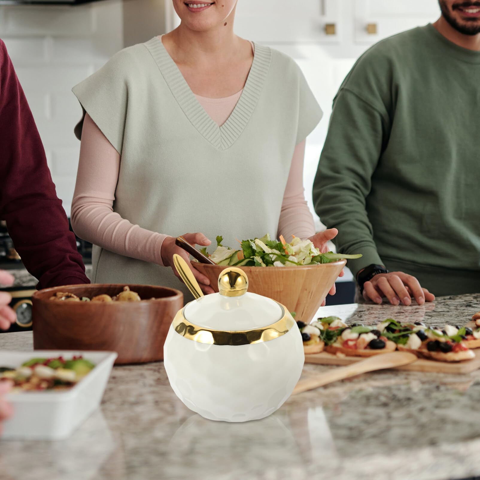 Alipis Ceramic Sugar Bowl with Lid and, Sugar Salt Container Decorative Porcelain Condiment Jar Home Kitchen Accessories for Sugar, Salt, (Golden and White, 320ML)