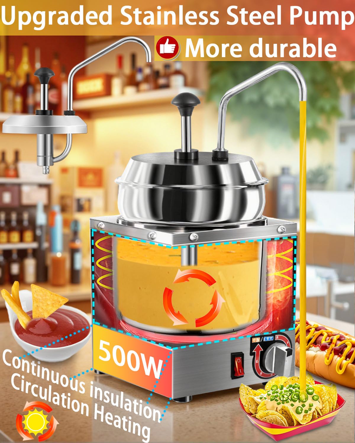 Nacho Cheese Dispenser, 7.4Qt Nacho Cheese Warmer with Stainless Steel Pump, Hot Fudge Warmer W/6-Level Temperature Adjustment, Commercial Sauce Dispenser Machine for Butter Cheese Caramel