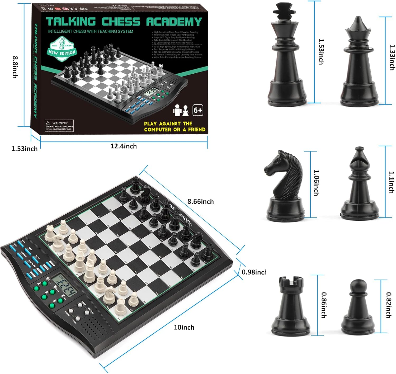 Talking Chess Academy Electronic Chess Set, Magnetic Computer Chess Game with Interactive Teaching System for Beginners, Advanced AI for Improving Players, Perfect for Kids & Adults, Simple and Noble