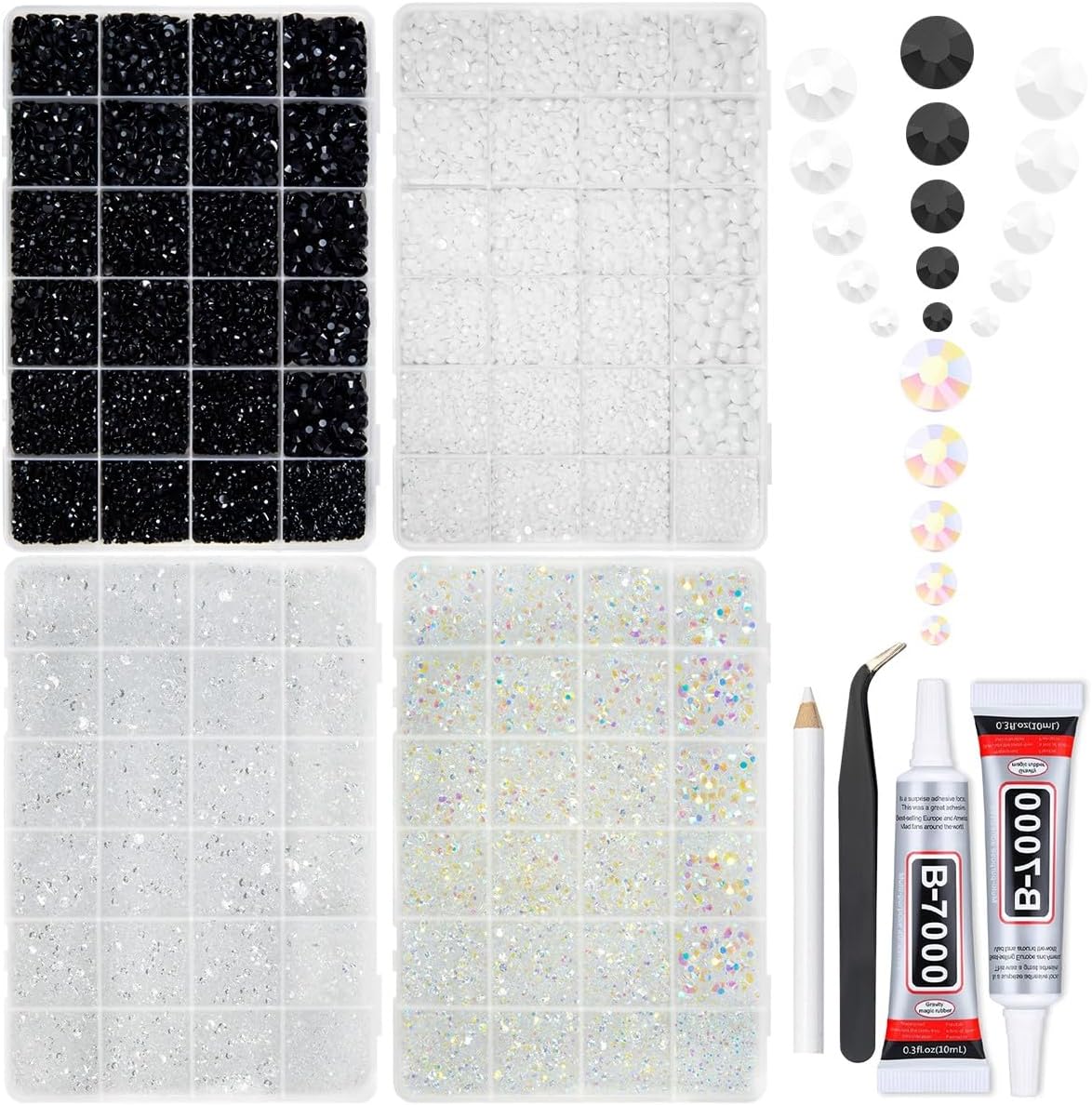 qiipii 4 Colors 2-6mm Black White Transparent Jelly Resin Rhinestones w B7000 Jewelry Glue for Bedazzling Crafting Flatback Stones Gems Diamonds for Nails Face Eyes Makeup Tumblers Bottles DIY Crafts