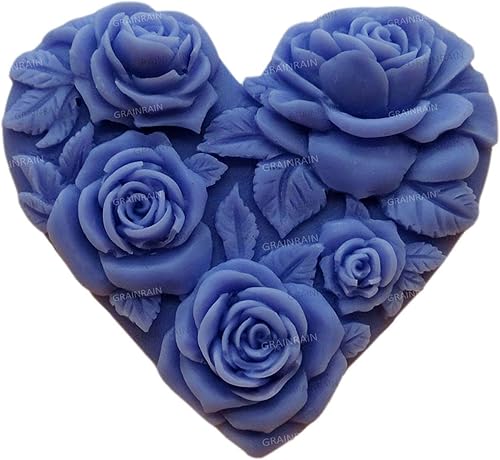 Grainrain Molde de jabón de silicona hecho a mano para velas 3D de resina para jabón hecho a mano, corazón, rosa flor (14164