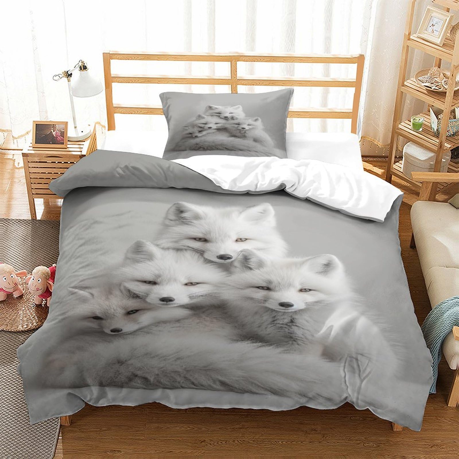 P1S9U7W5Y 3D Printed Arctic Fox Duvet Cover Set 3 Pieces Microfiber Bedroom Decor Soft Animal Bedding Set for Adults Single（135x200cm）