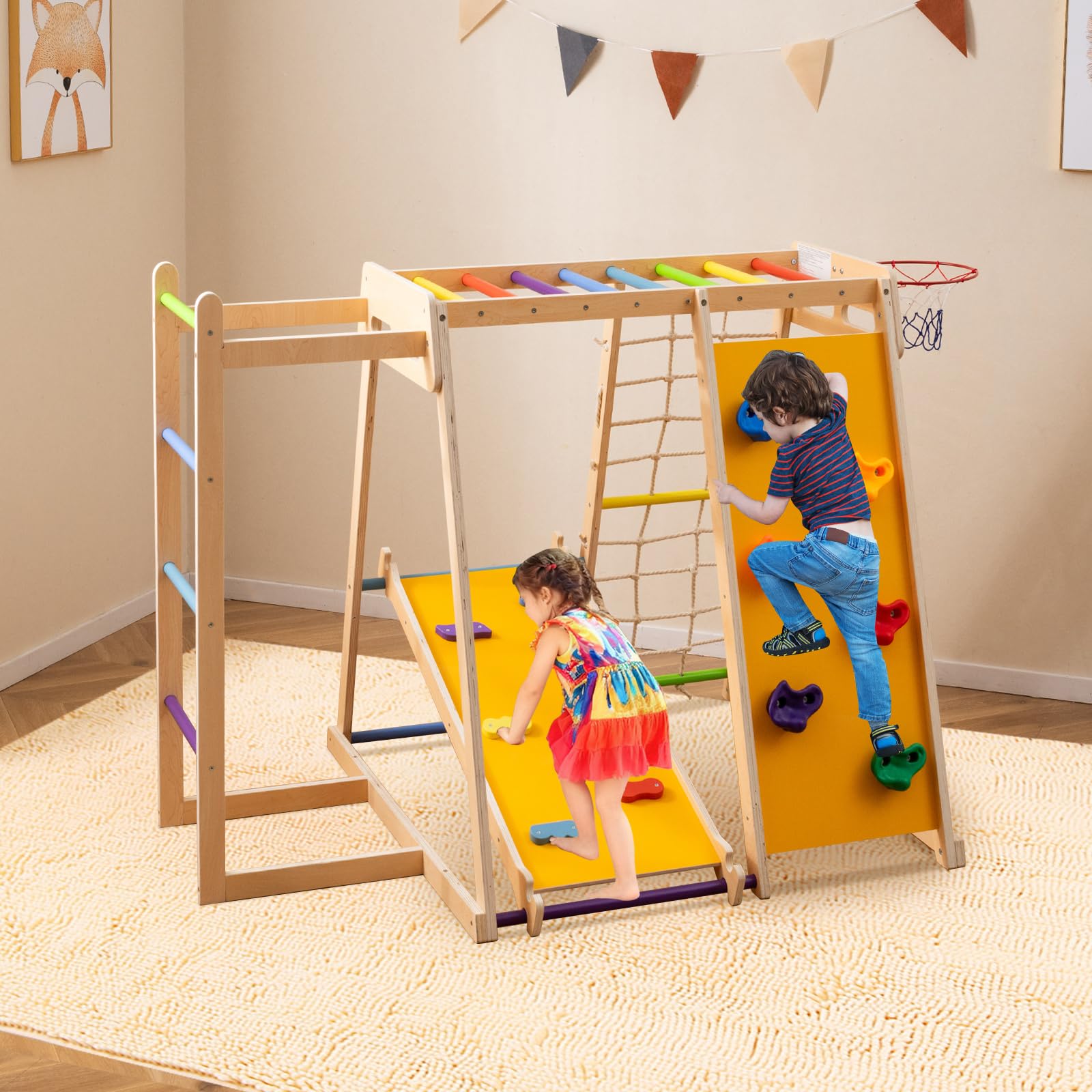 COSTWAY Gimnasio Infantil para Interior 6 en 1, Parque Infantil de Madera Montessori para Escalar con Tobogán, Escalada, Aro de Baloncesto, Barras de Mono, Red de Cuerda, Escalera (Multicolor)