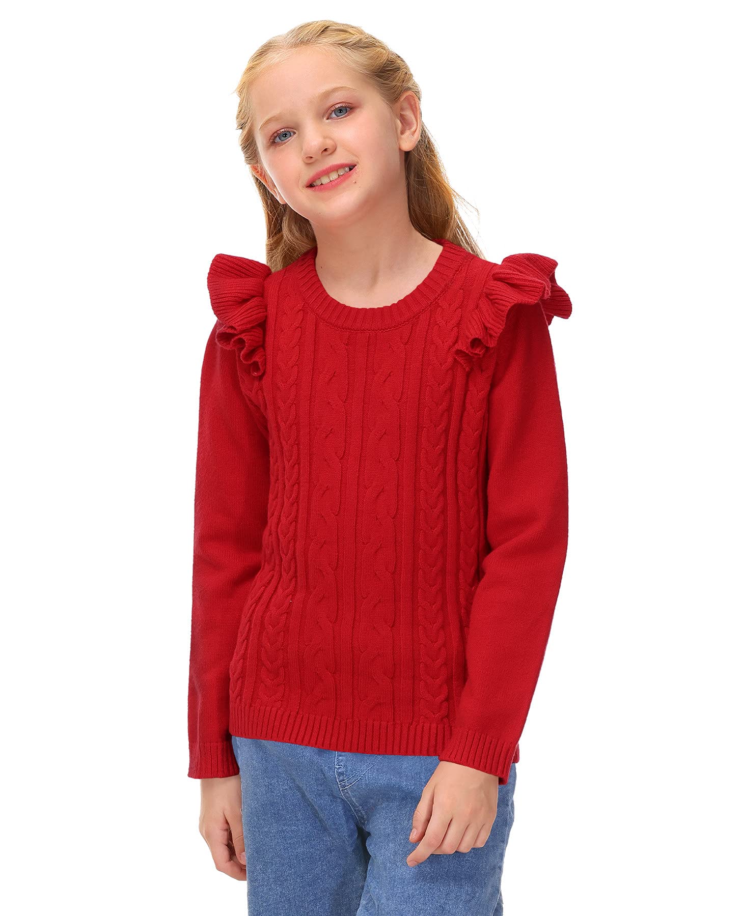 Photo 1 of BesserBay Girls Cable Knit Solid Sweater Flutter Sleeve Ruffle Sweatshirt 1-10 Years Red 2T