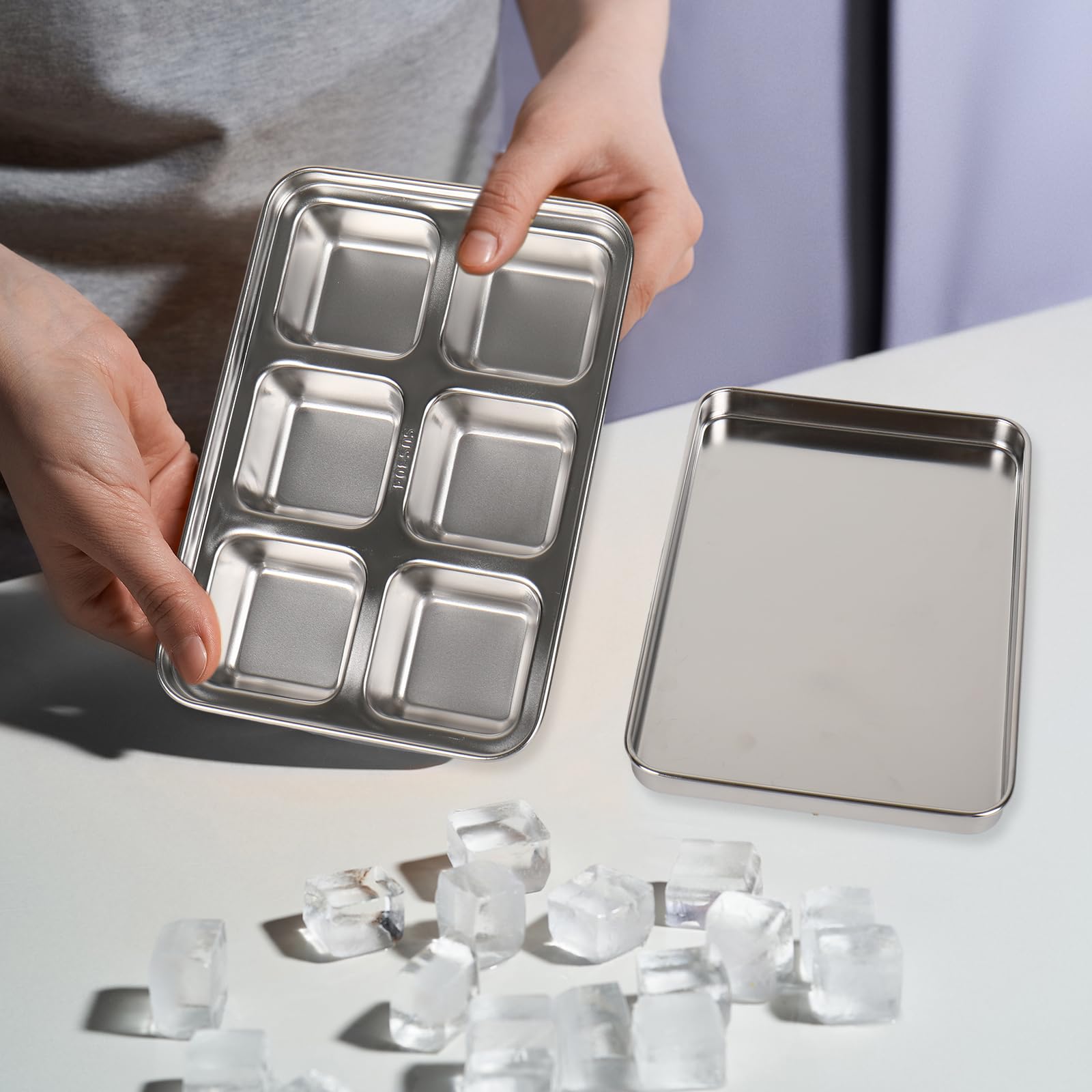FYSUIMU Paquete de 3 bandejas de hielo de acero inoxidable para congelador, bandejas de hielo de metal con tapas para el hogar, cocina, bar, cóctel, whisky