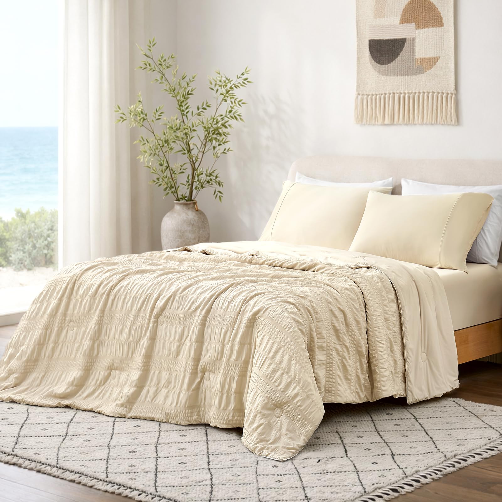 Cozy Bliss Seersucker Kühldecke in Queen-Size-Größe, leicht, seidig, kühlende Bettwäsche mit Q-Max> 0,45 cm, für Schlafzimmer, Heimdekoration, heiße Schläfer und Nachtschweiß, Khaki, 228,6 x 228,6 cm