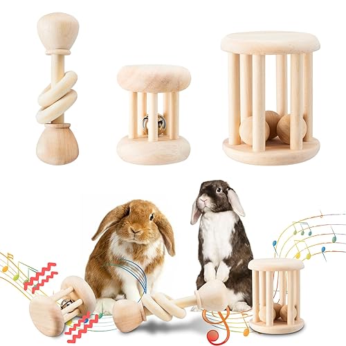 AOWPFVV 3 Pcs Wooden Bunny Toys - Safe Rabbit & Guinea Pigs Teeth Grinding Toys for Chinchillas, Hamsters & Small Animals - Indoor & Outdoor