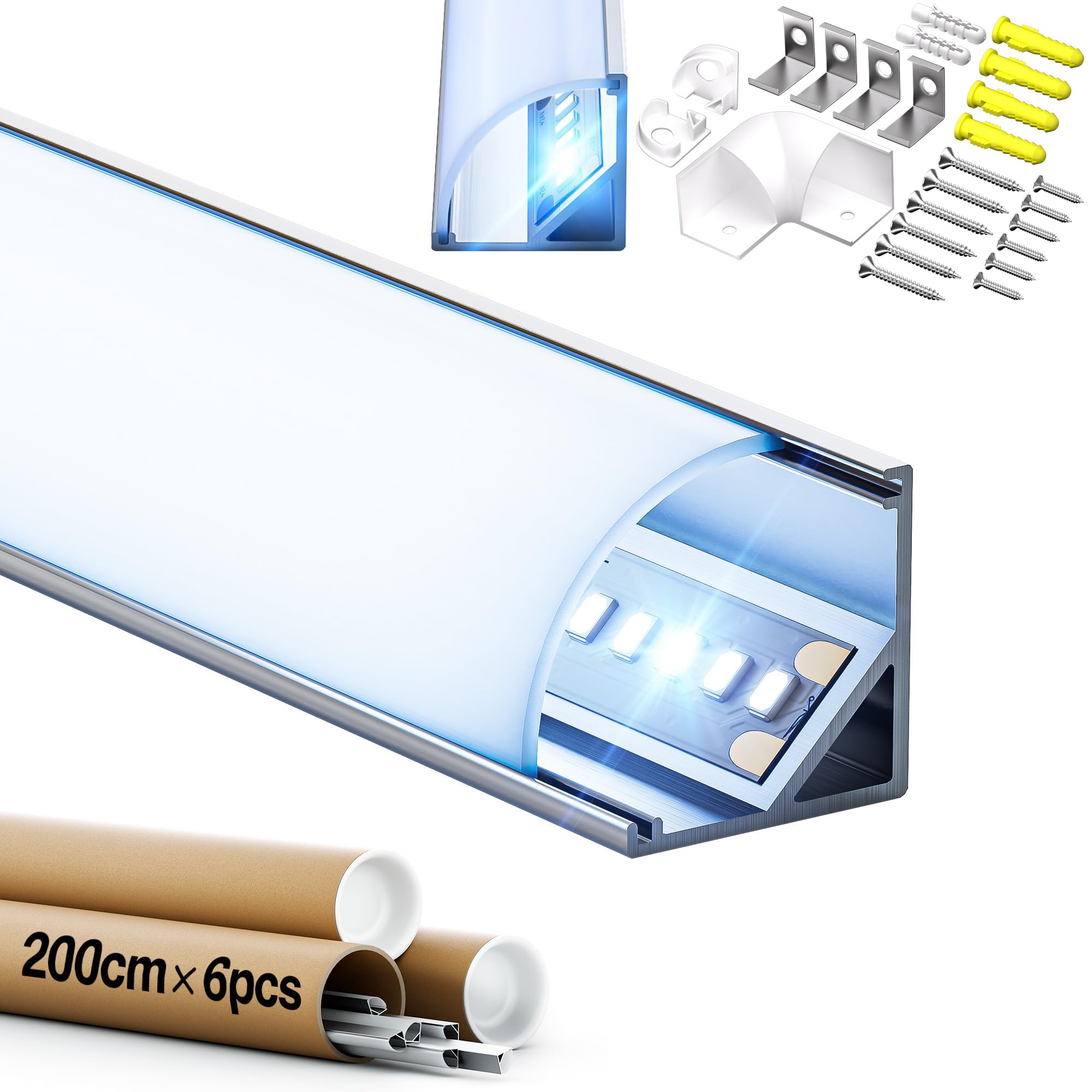 Perfil de aluminio para esquinas de LED, 2 m x 20 unidades (40 m), 45 °, perfil de aluminio para una iluminación perfecta con difusor y tapas para tiras de LED, 15,8 x 15,8 mm