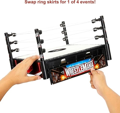 Miniatura 4 de Mattel WWE Superstar Anillo de 14 pulgadas con alfombrilla con resorte, 4 calcomanías para delantales de eventos y cuerdas de tensión profesional