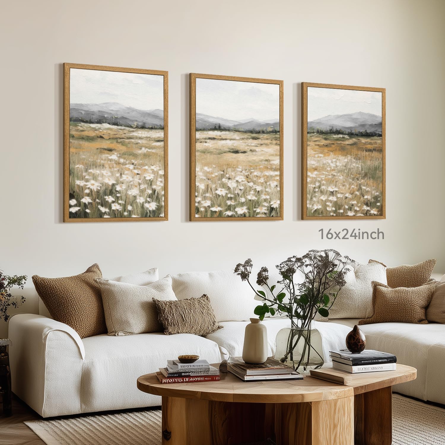 CAZLOUC White Wildflowers Wall Art Set of 3, Neutral Meadow Landscape Wall Decor, Minimalist Mountain Canvas Prints, Beige Rustic Field Paintings for Living Room Bedroom Wood Framed 12x16 Inch