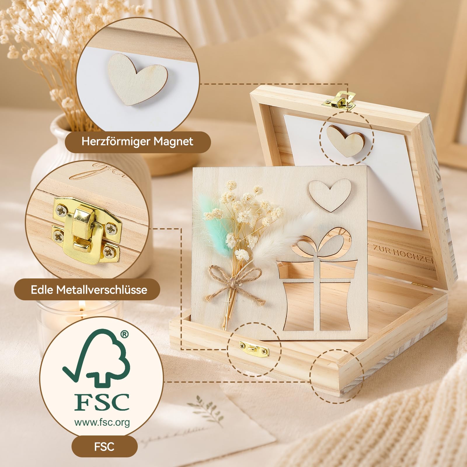 Geldgeschenk Hochzeit Holz, Geldgeschenke zur Hochzeit, Hochzeitsgeschenk Geld, mit Hochzeitskarte Trockenblumen, Hochzeitsgeschenke für Brautpaar, mit Herzförmiges Armband,14 x 14 x 3,5 cm