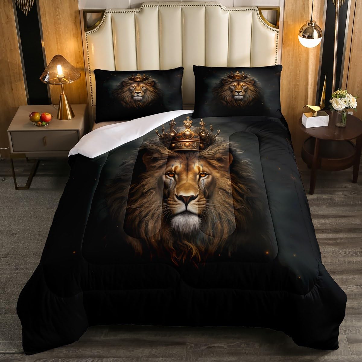 Erosebridal Comforter Set King Size, King Lion Golden Print Bedding Black 3D Lion Animal Print Bedding Comforter Sets, Crown Lion African Wildlife Duvet Insert for Kids and Adults Baby Boy Gifts