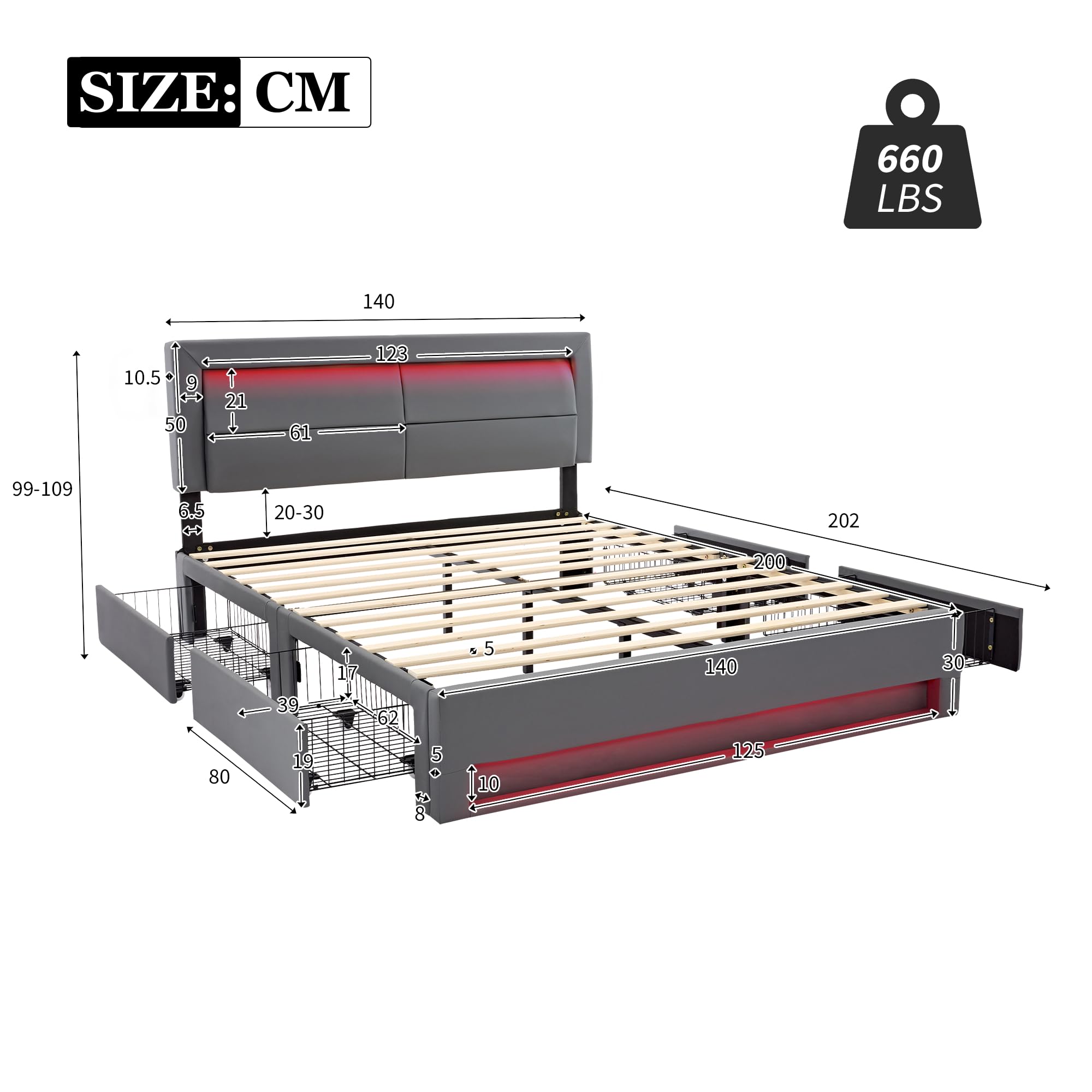 Letto imbottito con porta USB letto matrimoniale con illuminazione a LED e cassetti letto contenitore motivo litchi in PU letti per adulti per ospiti senza materasso Grigio 140x200 cm
