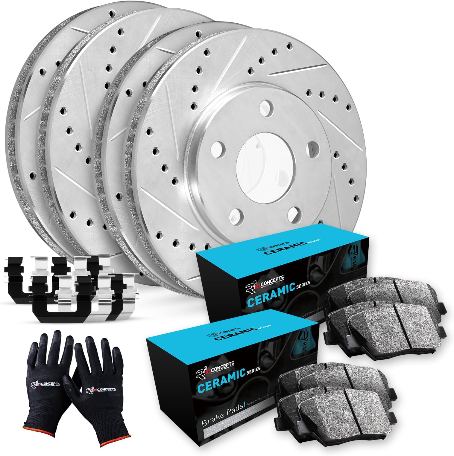 R1 Concepts Front Rear Brakes and Rotors Kit |Front Rear Brake Pads| Brake Rotors and Pads| Ceramic Brake Pads and Rotors |Hardware Kit|fits 1994-1996 Nissan 240SX