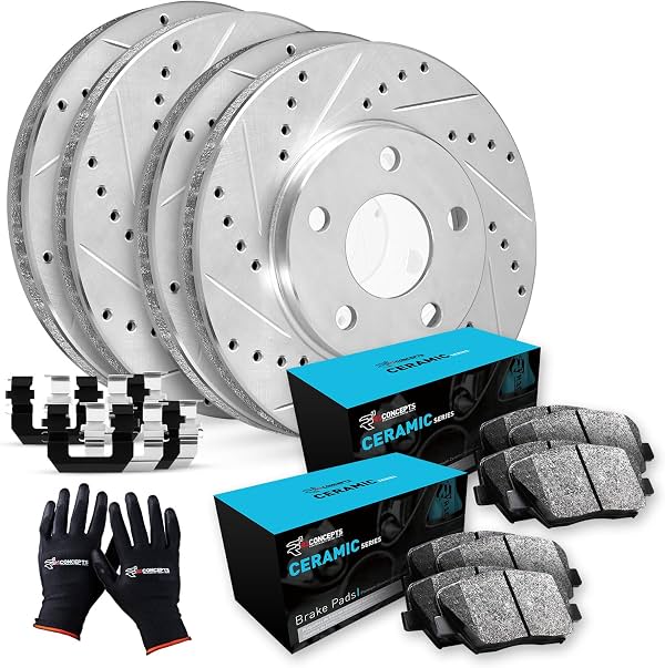 R1 Concepts Kit de Frenos Delanteros y Traseros Compatible con 2004-2011 Mazda RX-8 | Pastillas Cerámicas, Rotores eLINE Perforados y Ranurados | Herramientas | 12.7" Delanteros y 11.9" Traseros