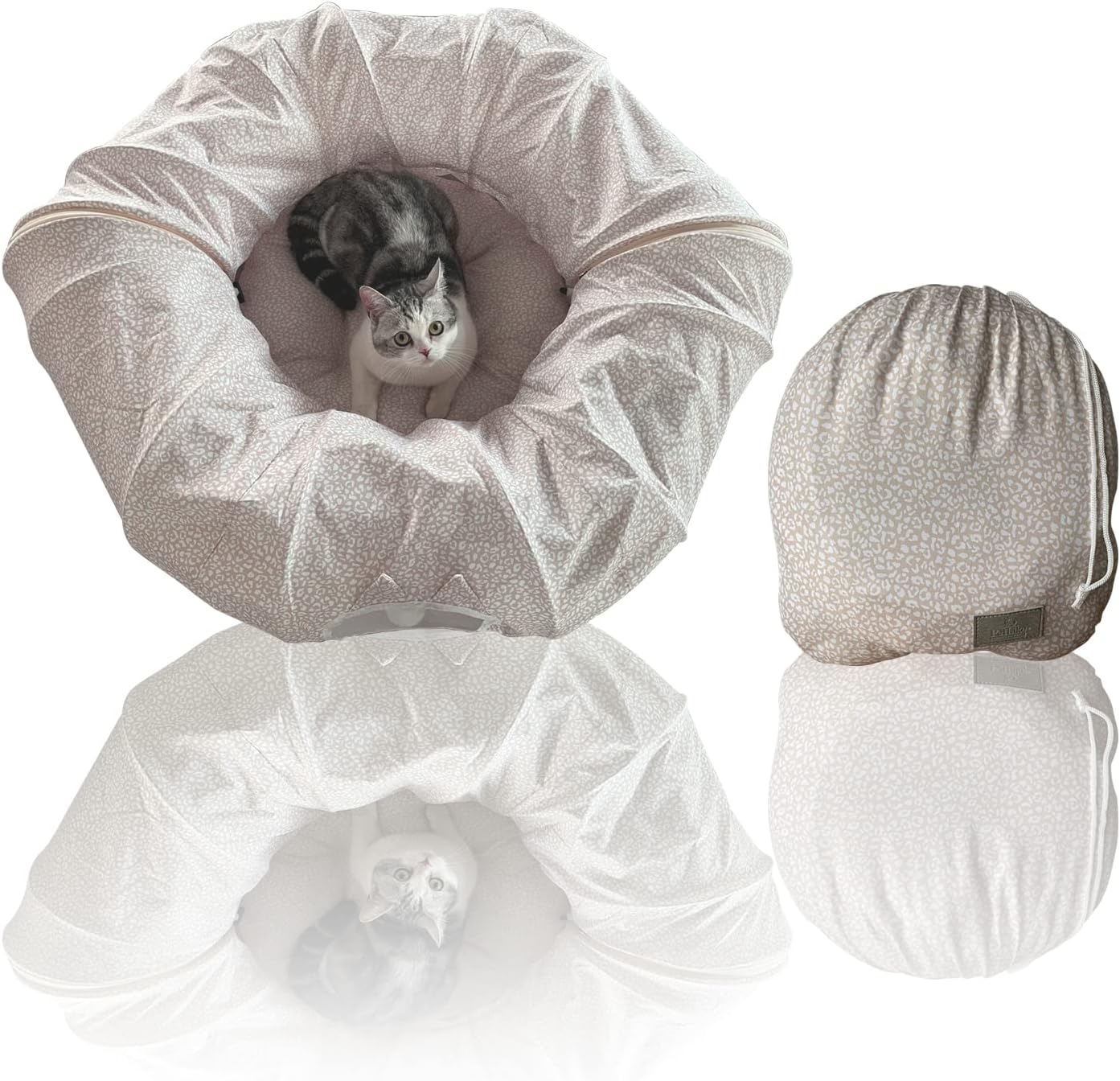PetLike Cat Tunnel with Bed for Indoor Cats, Pop Up Bed Tunnel Toys, Cute Donut Tunnel with Washable Cushion Mat (Beige)