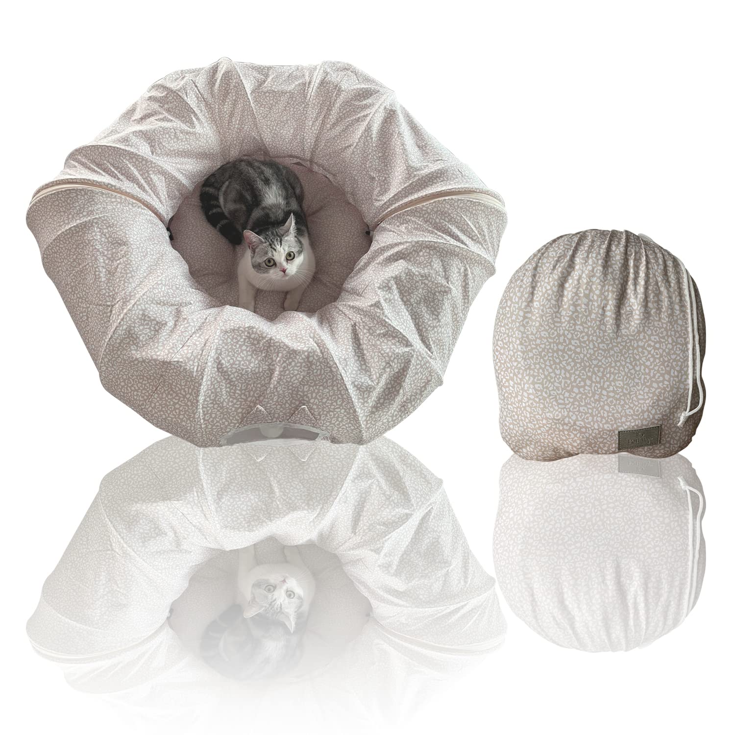 PetLikeCat Tunnel with Bed for Indoor Cats, Pop Up Bed Tunnel Toys, Cute Donut Tunnel with Washable Cushion Mat (Beige)