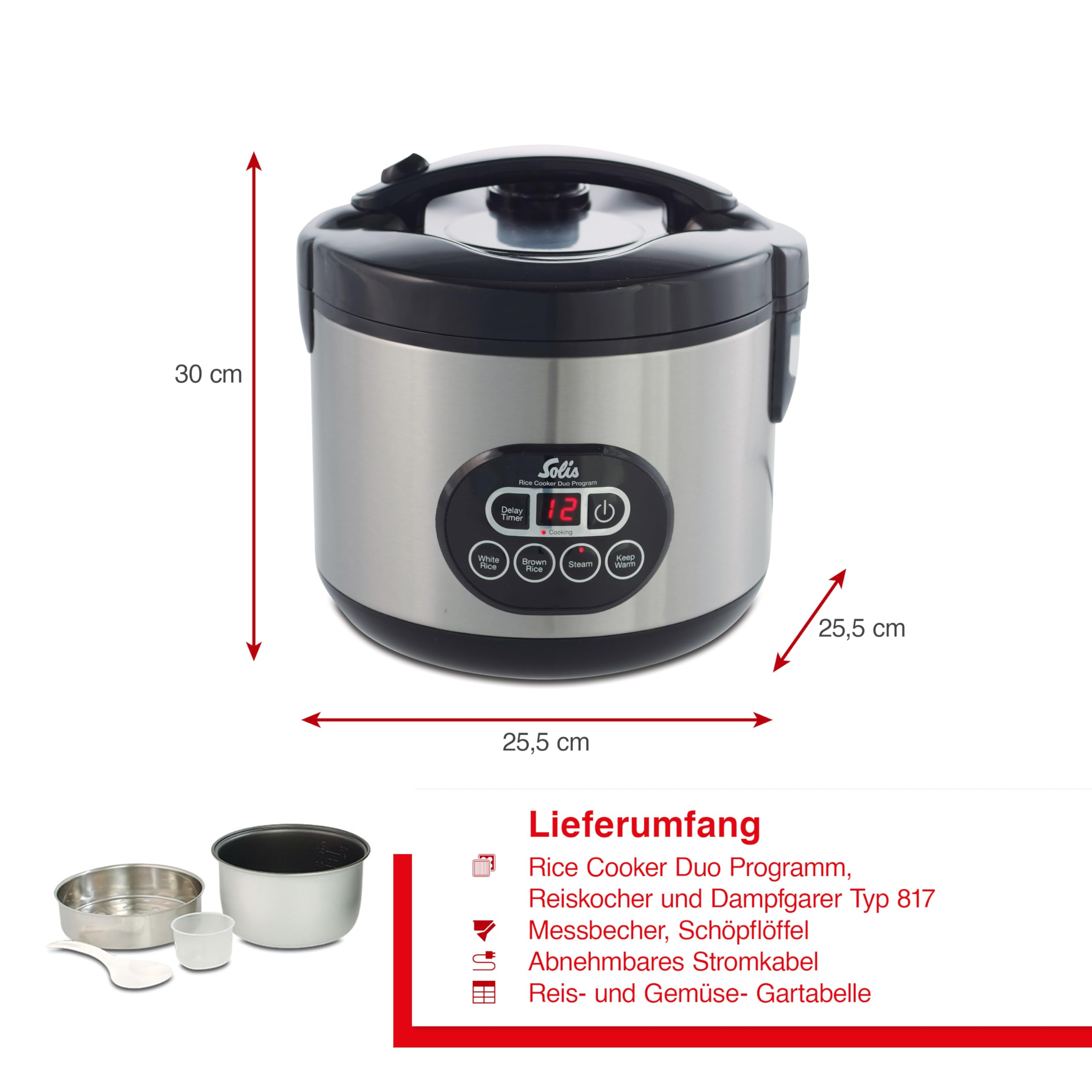 Solis Reiskocher Rice Cooker Duo Program - Reiskocher und Dampfgarer für 6 Tassen Reis - auch für Sushi Reis - Timer - Warmhaltefunktion - Inkl. Messbecher + Schöpflöffel - 1,2 L | Timer, Warmhaltefunktion, Antihaft-Innentopf, PFAS-frei, 500 W