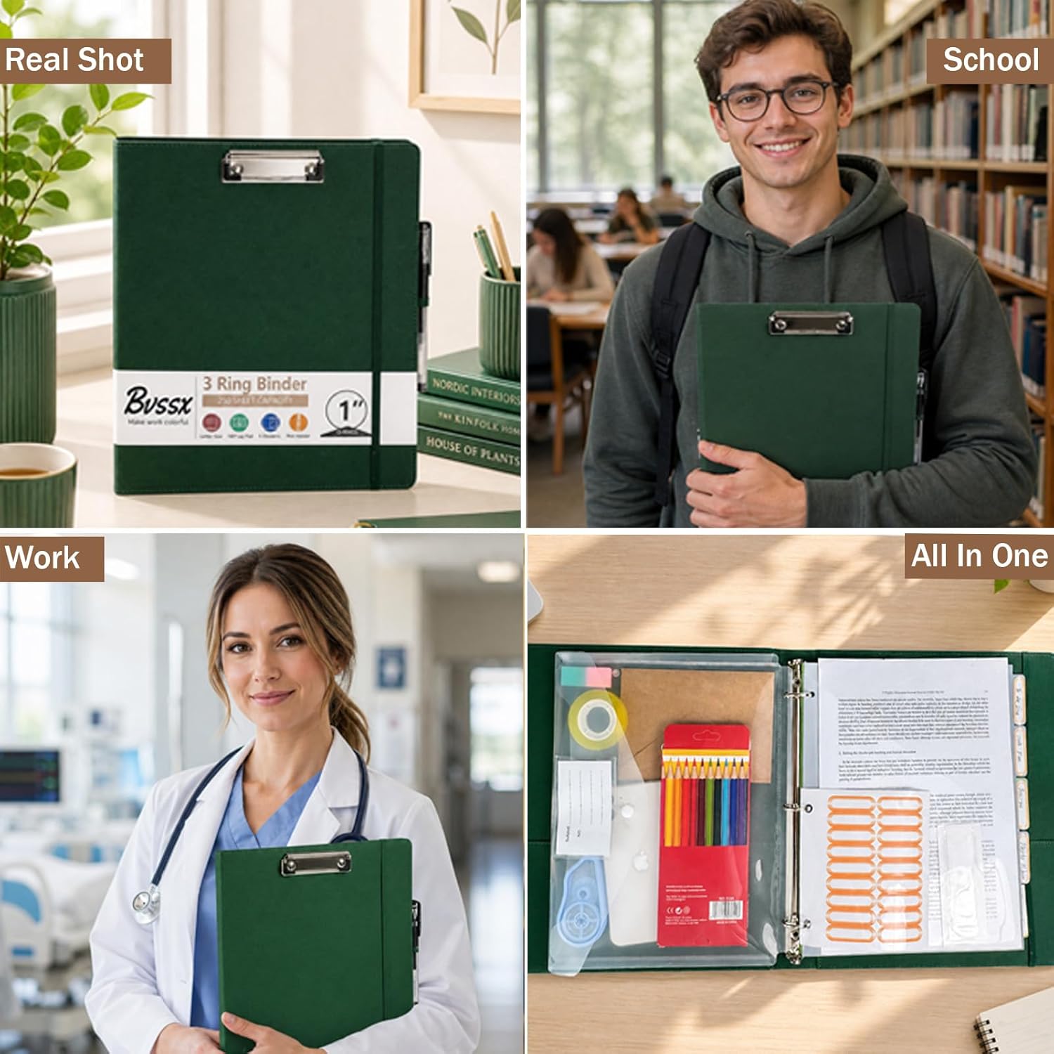 1 Inch 3 Ring Leather Binder Organizer, BVSSX Three Ring Binders with Clipboard, Plastic Folder, 5-Tabs Pocket Dividers with Sticker Labels, Pen Loop, Elastic Strap (Green,Letter Size)