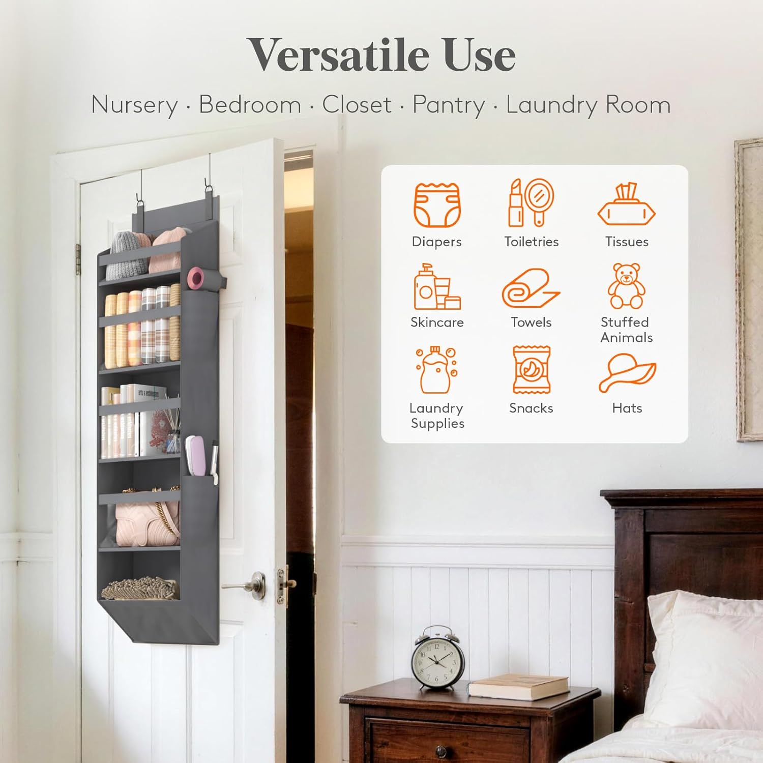 Lifewit 1 Pack Over the Door Organizer, Clear Window Hanging Storage with 4 Mesh Side Pockets, Anti Tilt 40 lbs Load Behind Door for Pantry, Nursery, Bathroom, Bedroom, Dorm, 5 Section, Gray - Image 4