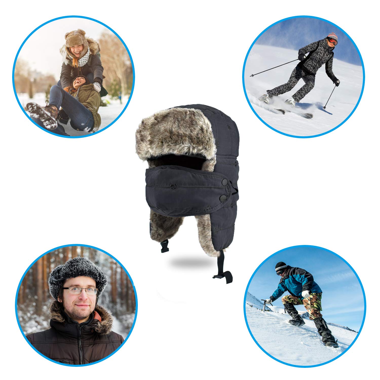 Brotou - Bonnet aviateur unisexe - En fausse fourrure - Avec cache-oreilles - Garde au chaud - Idéal pour le ski, le patinage et les activités de plein air en hiver, Noir , 60