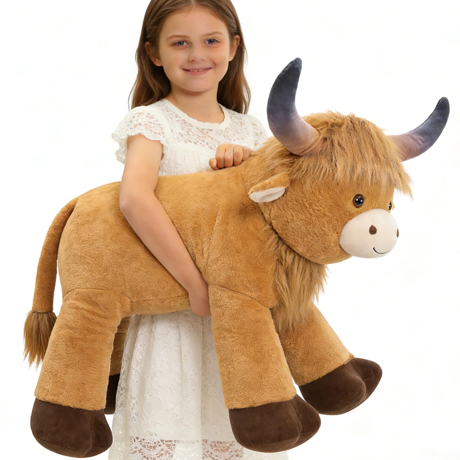 MaoGoLan Big Highland Cow Stuffed Animal for Kid,Large Cow Plush Pillow for Riding,Longhorn Stuffed Animal with Hair,Large Plush Farm Animal for Baby