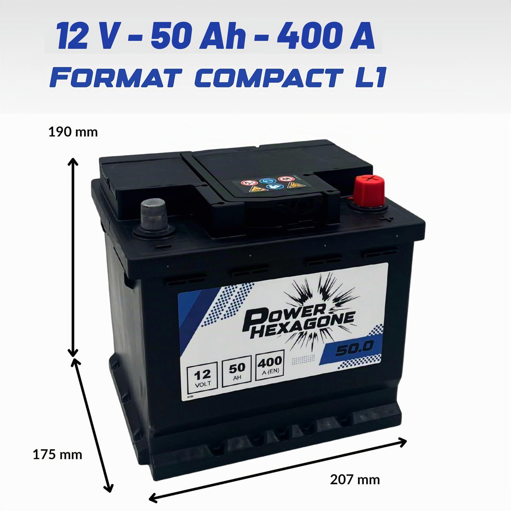 Batterie Voiture 12V 50Ah L1 - Démarrage 400A - Qualité Origine constructeur - Batterie Auto Sans Entretien prête à l’emploi - Remplacement équivalent - Livraison rapide Power Hexagone