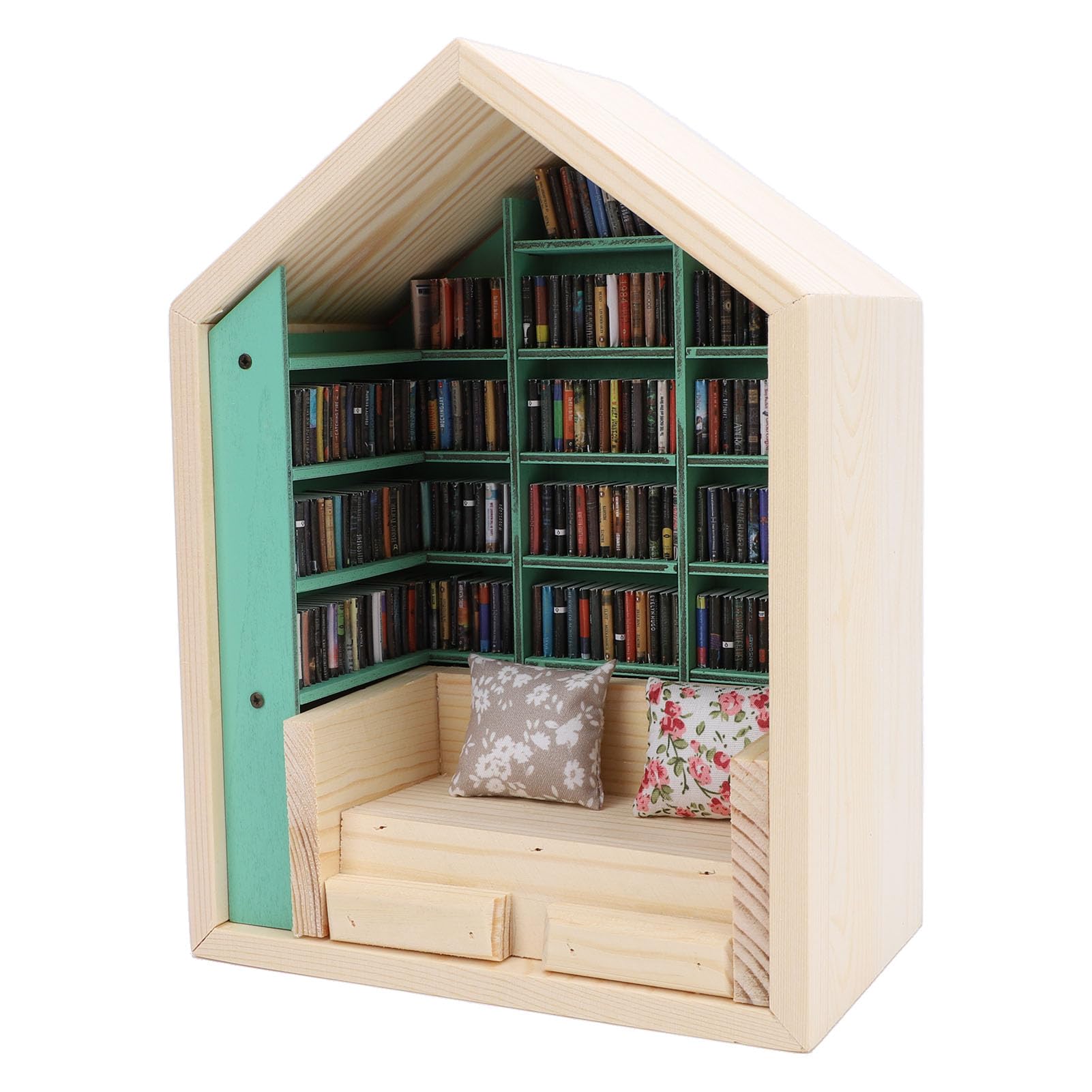 Duokon Bücherregal-Minihaus-Set, Winziges Haus-Set aus Kiefernholz mit 200 Buchdetails, 2 Kissenornamenten, Dekoratives Bücherregal, Akzent für Schlafzimmer, Arbeitszimmer, Schreibtisch,