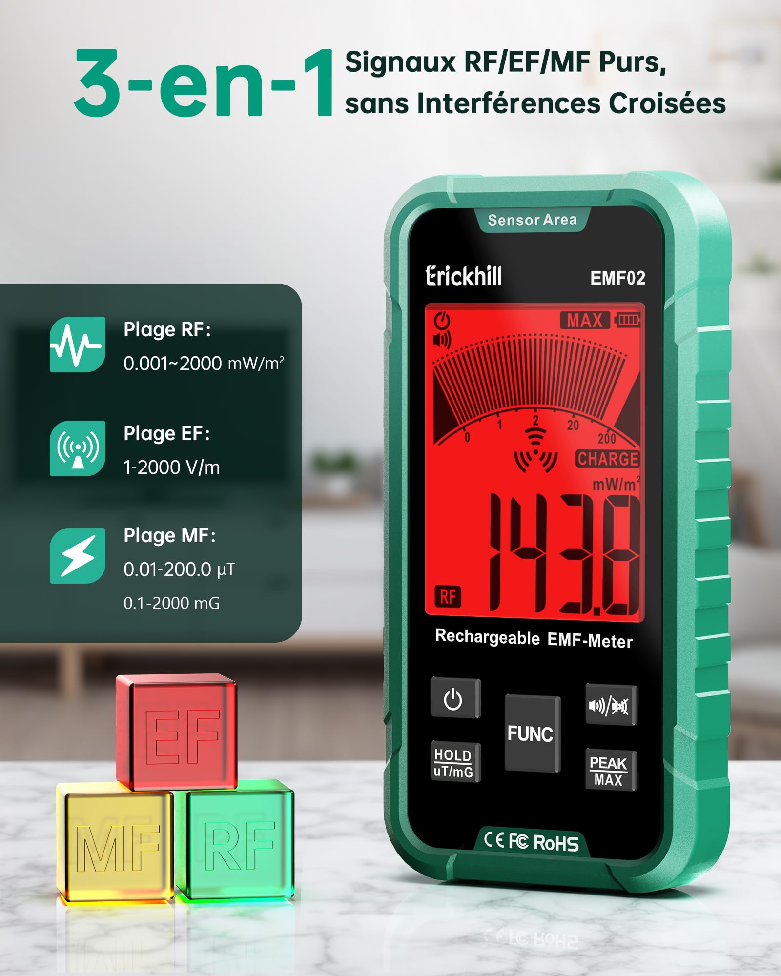 ERICKHILL EMF Détecteur 3-en-1, Testeur de Champ Électromagnétique Portable–RF/EF/MF&WiFi, avec Alarme 3 Couleurs, Batterie Rechargeable, pour Maison, Bureau et Chasse Fantôme