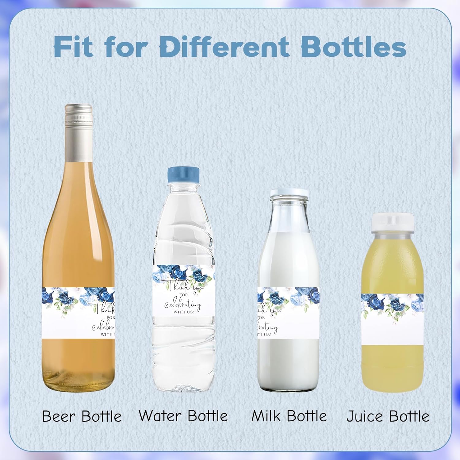 Water Bottle Label, 200Pcs Thank You for Celebrating with us Blue and White Flower Wedding Wraparound Labels for Bridal and Baby Shower