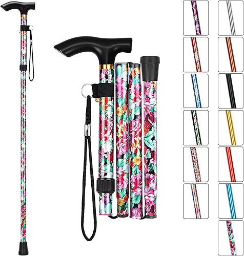 Miniatura 19 de MFE Bastón plegable, portátil de 5 niveles de altura ajustable con diseño plegable, correa de muñeca y mango en T para hombres y mujeres Negro