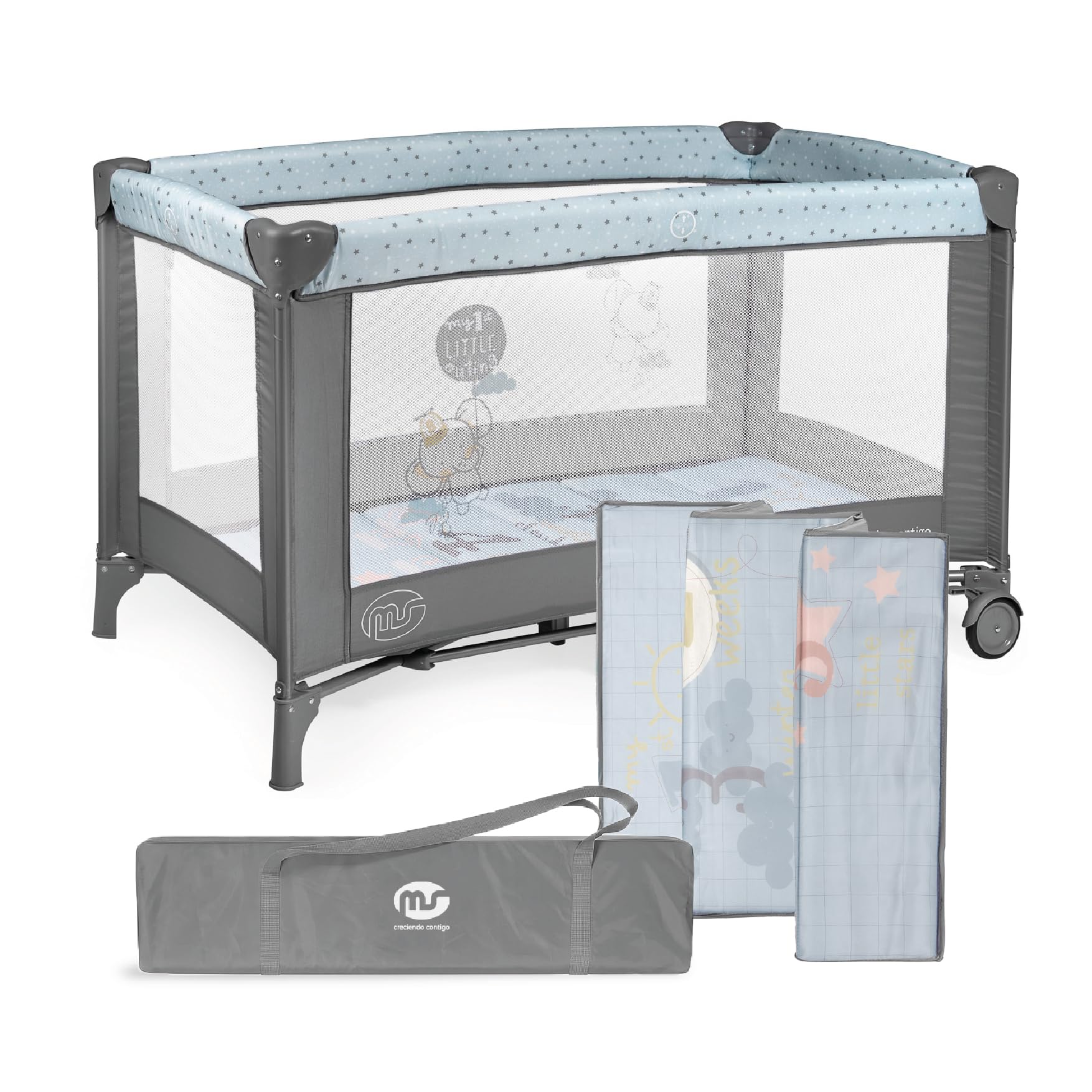 ms Innovations Lit de Voyage 120 x 60 cm pour bébé, avec Matelas et Sac de Transport, de 0 Mois à 15 kg, Pliable et Facile à Monter. Il est léger et Stable - Bleu/Gris.